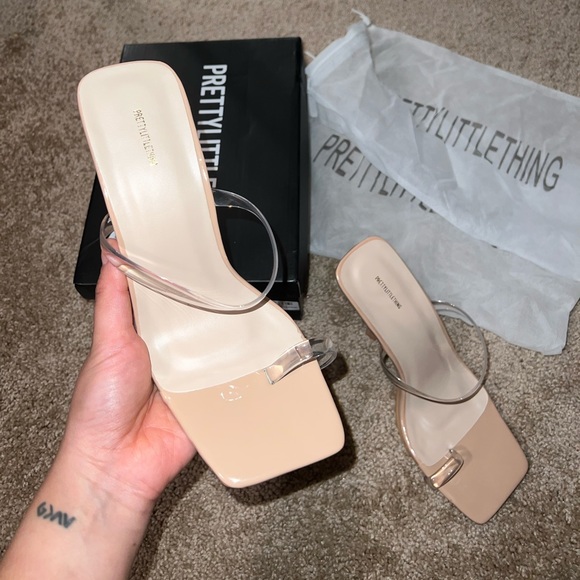 PrettyLittleThing Nude Square Toe Clear Strap Heels Mules Slip On Size 6 - Picture 5 of 13